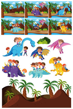 Set of dinosaur character and scene