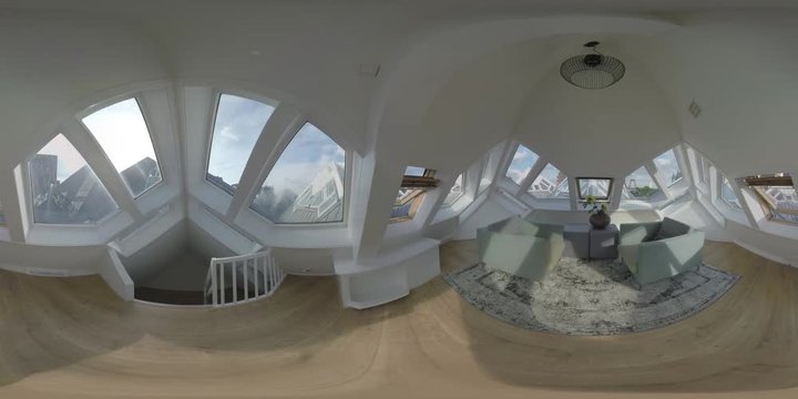 360 VR video. Cube House view from inside. Upstairs room interior with armchairs and carpet. View to the roofs through the windows