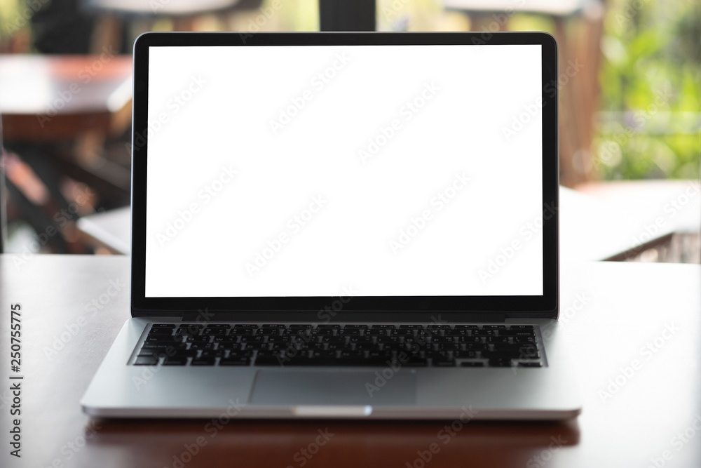 Wall mural mock up using laptop with blank screen computer modern