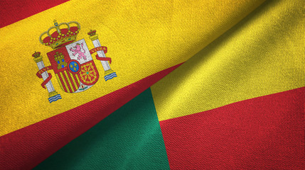 Spain and Benin two flags textile cloth, fabric texture