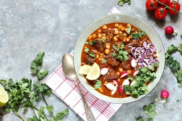 Beef Pozole. with beef and chickpeas. festive Mexican rich soup.