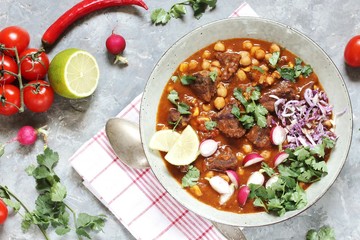 Beef Pozole. with beef and chickpeas. festive Mexican rich soup.