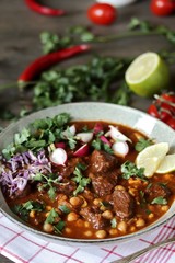 Beef Pozole. with beef and chickpeas. festive Mexican rich soup.
