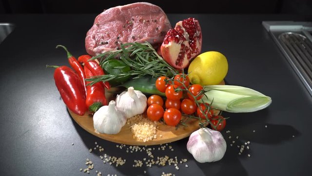 Meat with vegetables and fruits