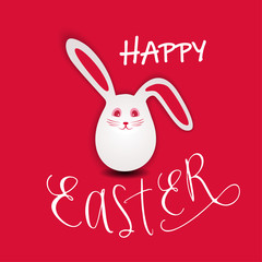 white hare-egg symbol of Easter on a red background with the signature Happy Easter