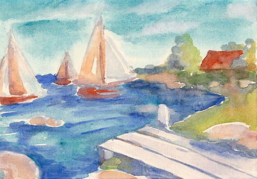 Sailing boat in sea drawing by watercolor