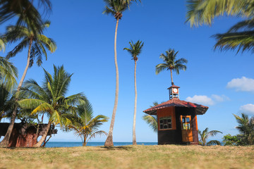 Cottage on the coconut beach. The clock tower or lifeguard tower , Hut against the blue sky