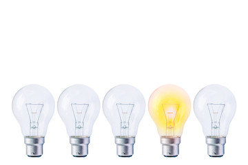 Idea or uniqueness, originality concept, Image of a row of electric bulb with one different from the others