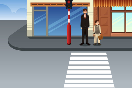 Father and Son Waiting at Traffic Light Illustration