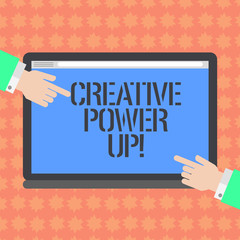 Writing note showing Creative Power Up. Business photo showcasing characterized by originality thought or inventiveness Hu analysis Hands Pointing on a Blank Color Tablet Screen