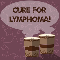 Writing note showing Cure For Lymphoma. Business photo showcasing restore bone marrow by dose chemotherapy radiation therapy Two To Go Cup with Beverage and Steam icon Blank Speech Bubble photo