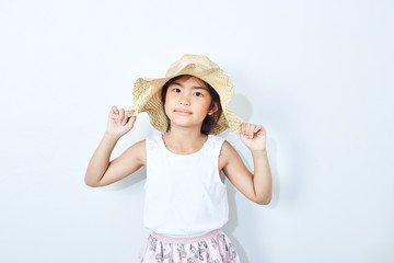 asian slim girl  wearing hat on white background.