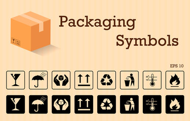 Vector packaging symbols set on cardboard background. signs and icons. Use on package