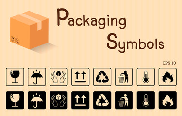 Vector packaging symbols set on cardboard background. signs and icons. Use on package