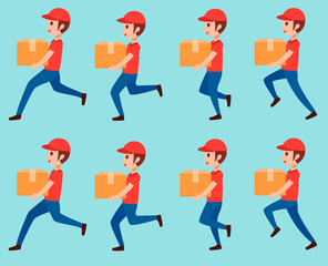 animation delivery man run too fast. holding goods,product. flat vector illustration isolated.