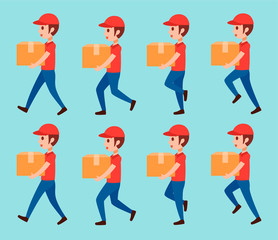 animation delivery man walk. holding goods,product. flat vector illustration isolated.