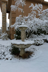 Snow Covered Water Fountain in Front Yard