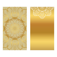 Card Template With Floral Mandala Pattern. Business Card For Fitness Center, Sport Emblem, Meditation Class. Vector Illustration. Gold color