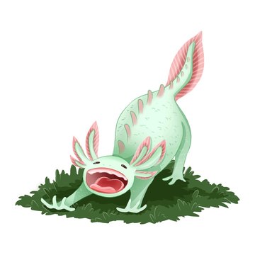 stretching green axolotl on grass clip art preview