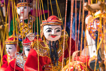 Traditional handicraft puppets for sale  in the ancient pagoda in Bagan, Myanmar