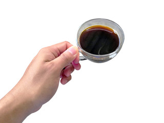 Black coffee in a crystal glass With the hands On the white background.