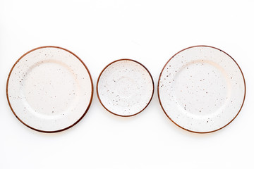 Mockup with plates. Empty ceramic plates on white background top view copy space