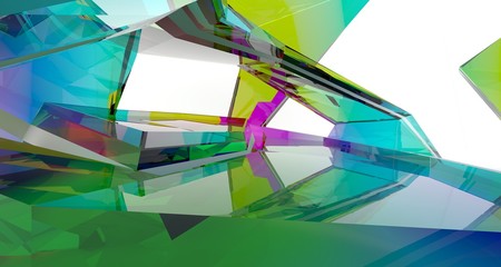 Abstract white and colored gradient glasses interior multilevel public space with window. 3D illustration and rendering.