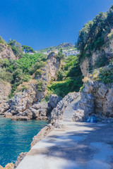 Houses on cliffs near the town of Praiano, along the Amalfi Coast, Italy
