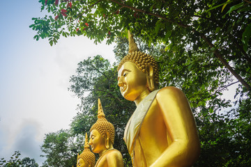 Beautiful calm golden buddha image statue in the forest at the public Buddhist temple.