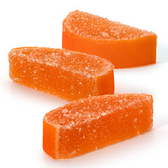 Three marmalade orange slices on a white background