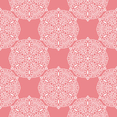 White seamless print on pink background. Indian style pattern