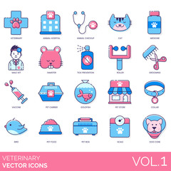 Veterinary icons including animal hospital, checkup, cat, medicine, male vet, hamster, tick prevention, roller, grooming, vaccine, pet carrier, goldfish, store, collar, bird, food, box, scale, cone.