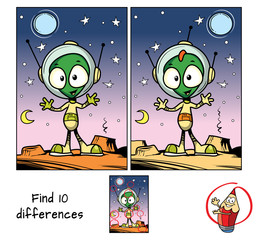 Alien in a spacesuit and helmet. Find 10 differences. Educational matching game for children. Cartoon vector illustration
