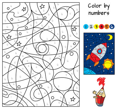 Space rocket. Color by numbers. Coloring book. Educational puzzle game for children. Cartoon vector illustration
