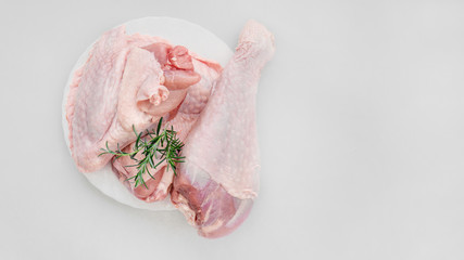 A view of fresh, raw turkey leg meat. Healthy food. View from above. Close-up with copy space