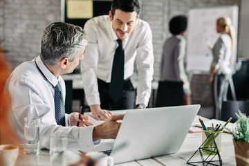 Mid adult businessman showing something on laptop to his young colleague.