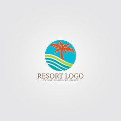 resort logo template with coconut tree, vector logo for business corporate, nature, plant, tree, sea, element, illustration.