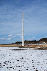 残雪の田園と電柱