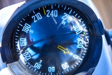 Close up of nautical compass on yacht