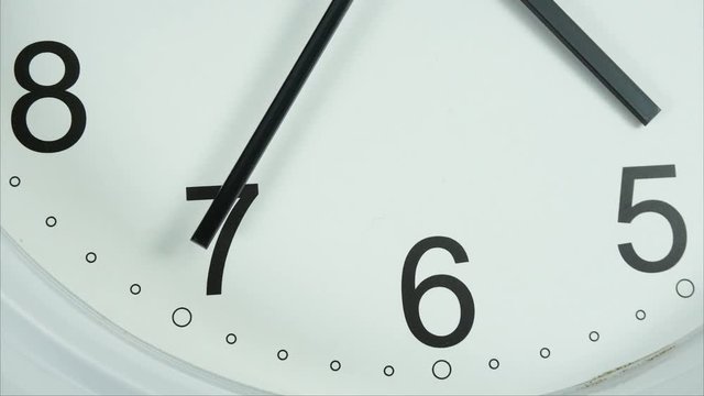 Close up White clock face 4k stock footage, with numbers and a ticking arrow.