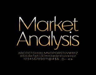 Vector business label Market Analysis with Golden Alphabet Letters, Numbers and Sybols. Luxury slim Font.