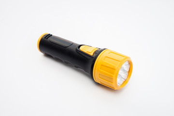 Yellow modern Led flsahlight Isolate on white background, LED light electricity emergency. 