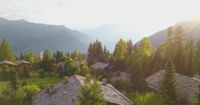 drone shot of verbier with sunset