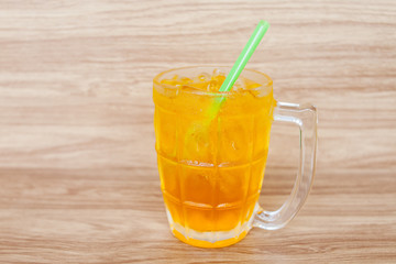 chrysanthemum tea fresh drink with ice put on wood floor and wood background