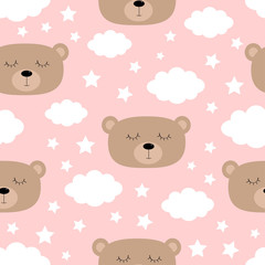 Seamless Pattern. Sleeping bear face. Cloud in the sky. Cute cartoon kawaii funny baby character. Wrapping paper, textile template. Nursery decoration. Pink background. Flat design