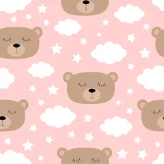  Naadloze patroon. Slapende beer gezicht. Wolk in de lucht. Schattige cartoon kawaii grappige baby karakter. Inpakpapier, textiel sjabloon. Kinderkamer decoratie. Roze achtergrond. Plat ontwerp © worldofvector