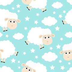 Seamless Pattern. Sheep jumping. Cloud star in the sky. Cute cartoon kawaii funny smiling baby character. Wrapping paper, textile template. Nursery decoration. Blue background. Flat design