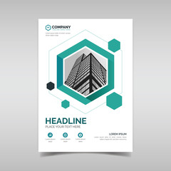 Business flyer template with green hexagon