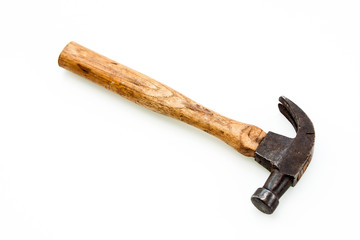 Vintage and old hammer iron head and wood handle put on white background