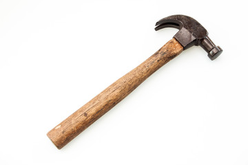 Vintage old hammer on white background, Isolate tool carpenter 